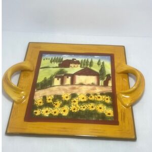 Douce Romancing Provence Hand Painted Ceramic Tray – Tuscan Farmhouse Scene 14"‎